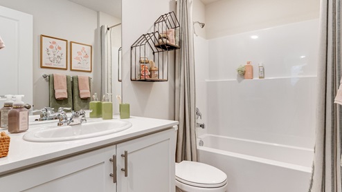 Hall bathroom with combination tub/shower and quartz counters