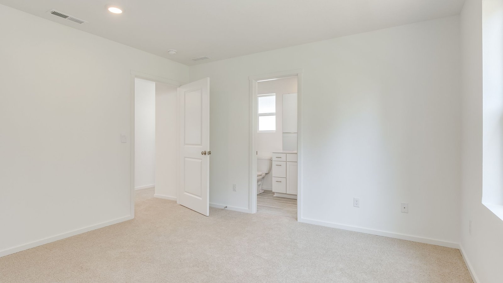 Primary bedroom with wall-to-wall carpet, a walk-in closet and an attached bathroom