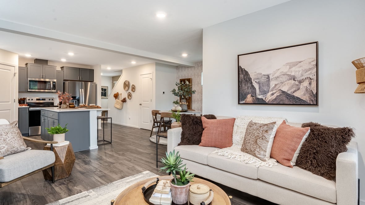 Great room with laminate flooring