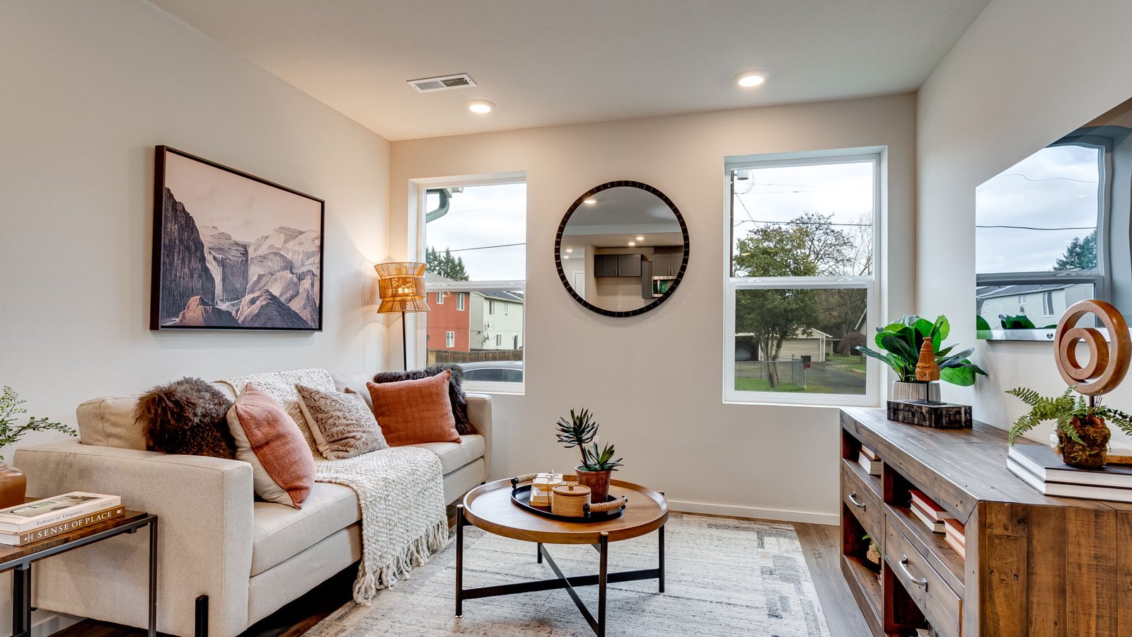 Great room with laminate flooring
