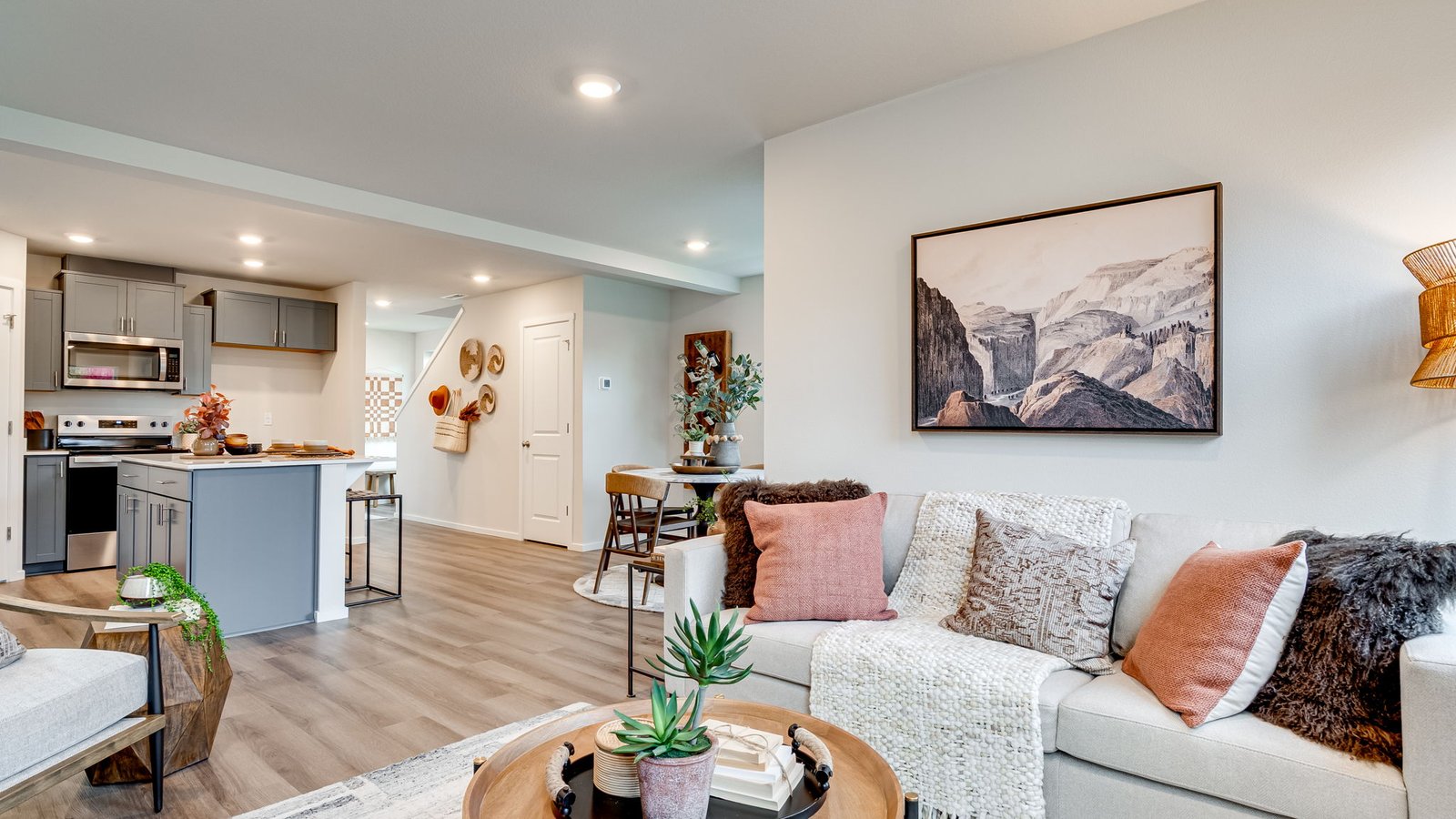 Great room with laminate flooring