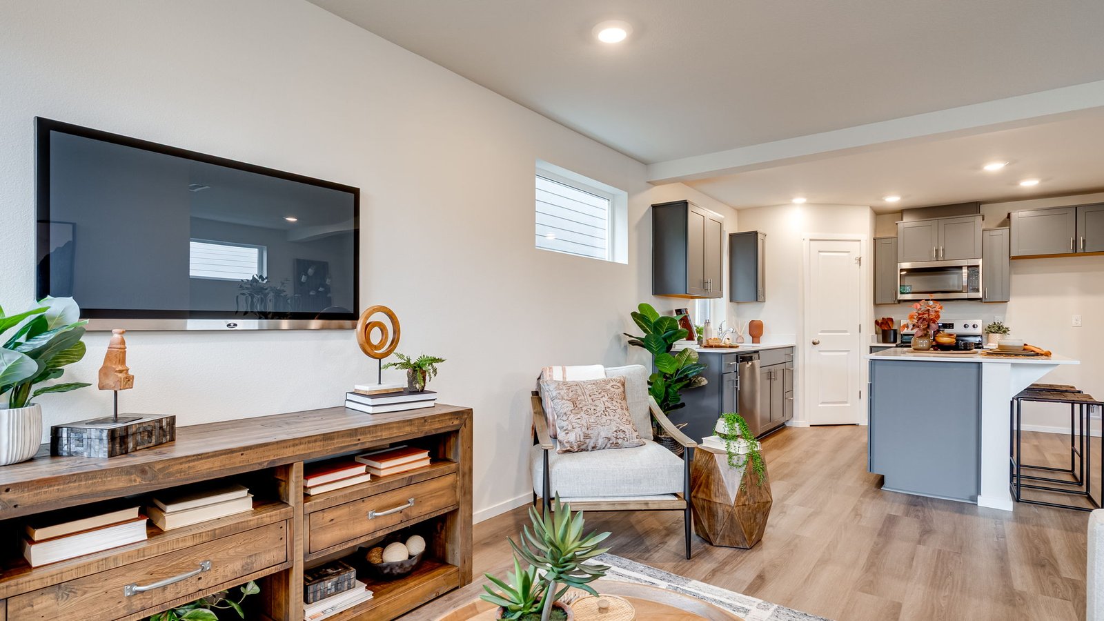 Great room with laminate flooring