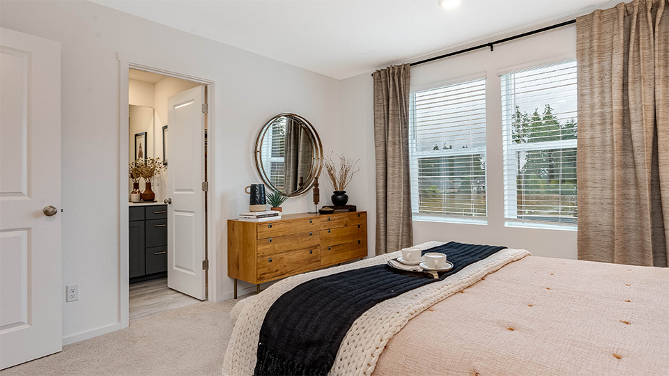 Primary bedroom with wall-to-wall carpet, a walk-in closet and an attached bathroom