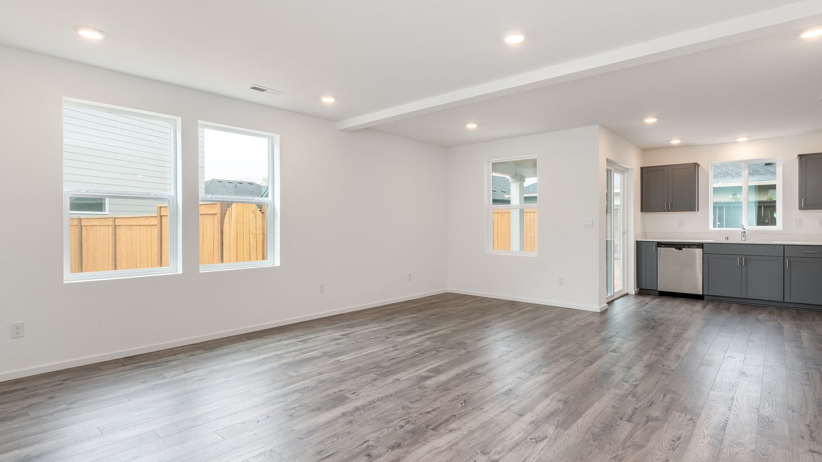 Great room with laminate flooring