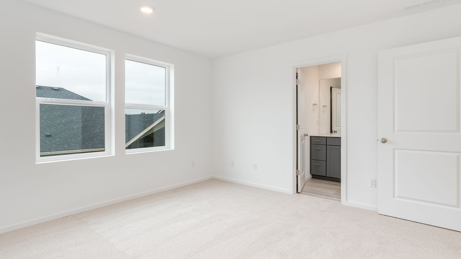 Primary bedroom with wall-to-wall carpet, a walk-in closet and an attached bathroom