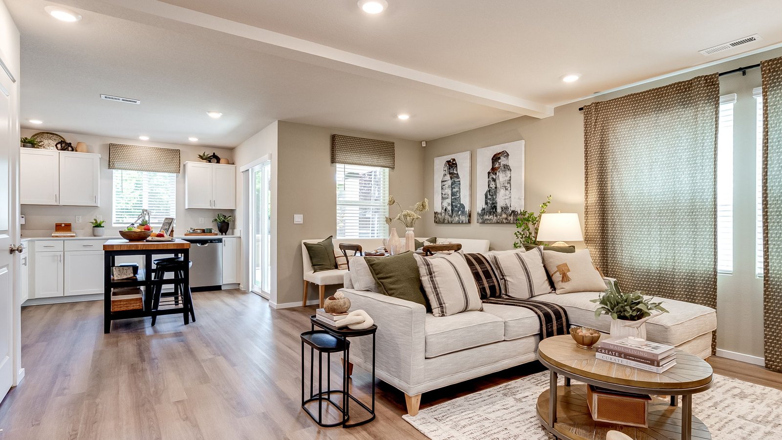 Great room with laminate flooring