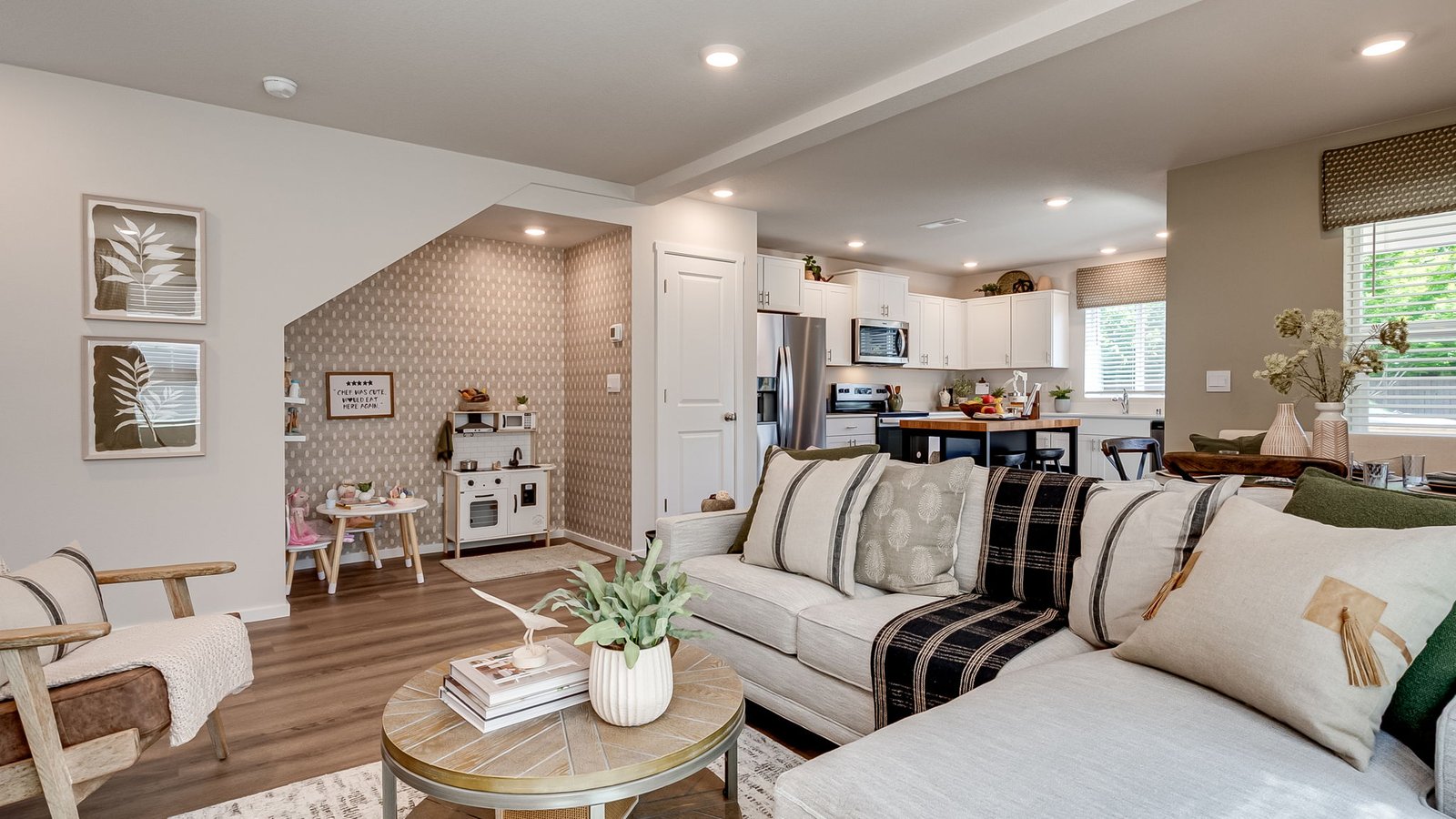 Great room with laminate flooring