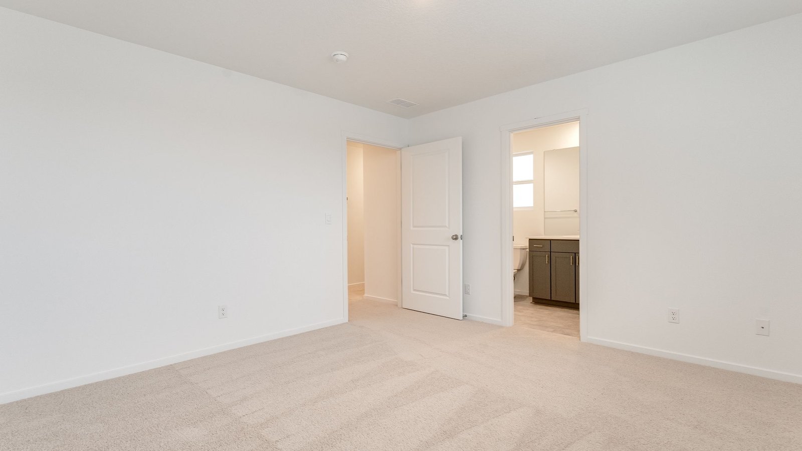 Primary bedroom with wall-to-wall carpet, a walk-in closet and an attached bathroom