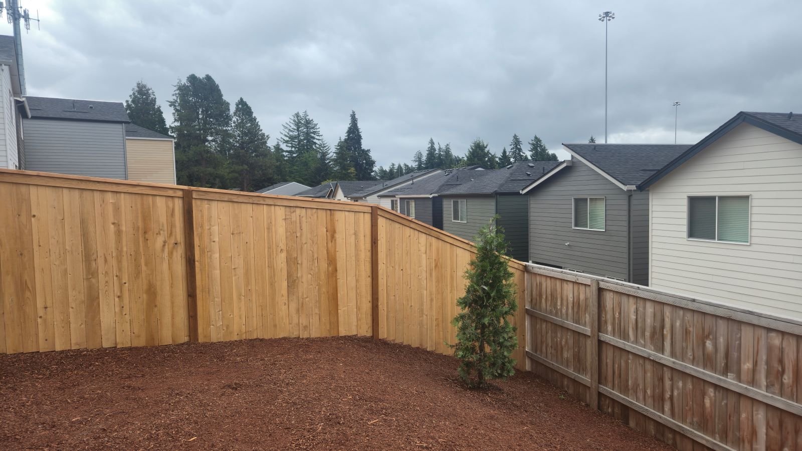 fully fenced backyard with sod lawn and a patio