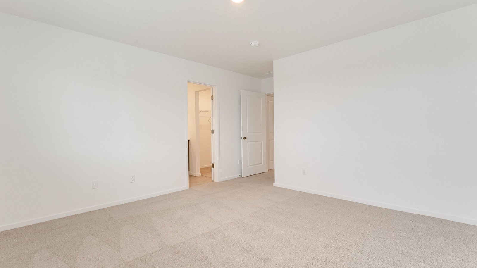 Primary bedroom with wall-to-wall carpet, a walk-in closet and an attached bathroom