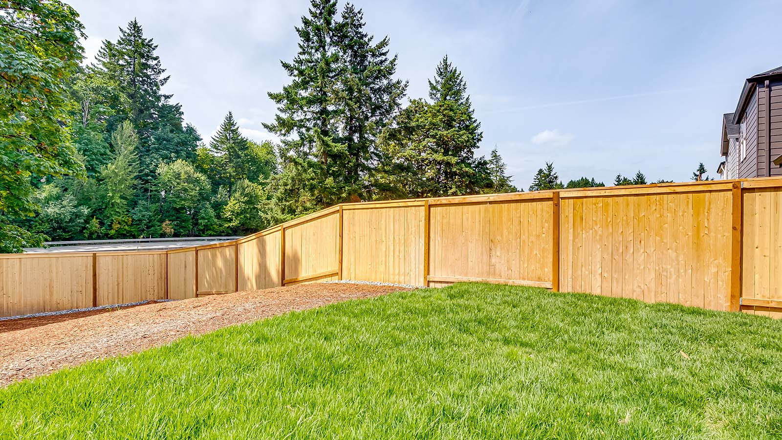 fully fenced backyard with sod lawn and a patio