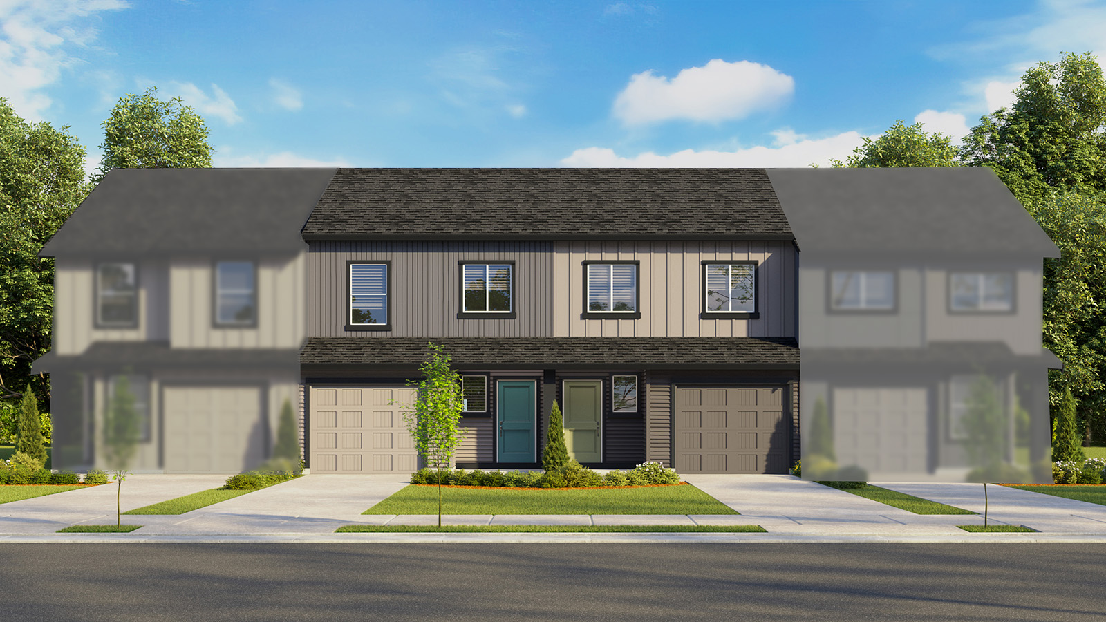 Exterior front townhome 4-plex with an attached garage