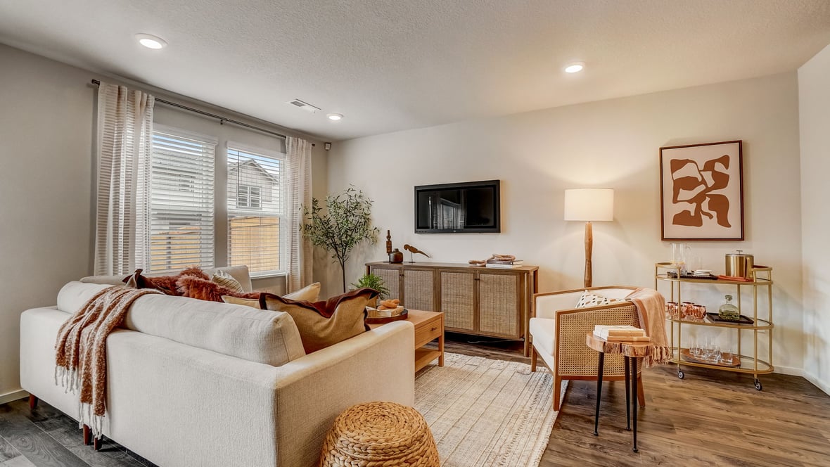 Great room with laminate flooring