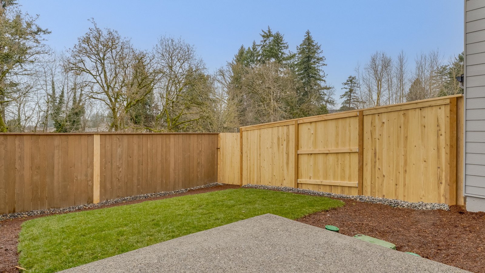 fully fenced backyard with sod lawn and a patio