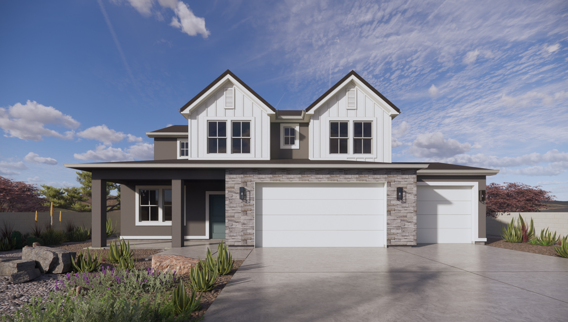 brand new desert style exterior home in Washington with three car garage