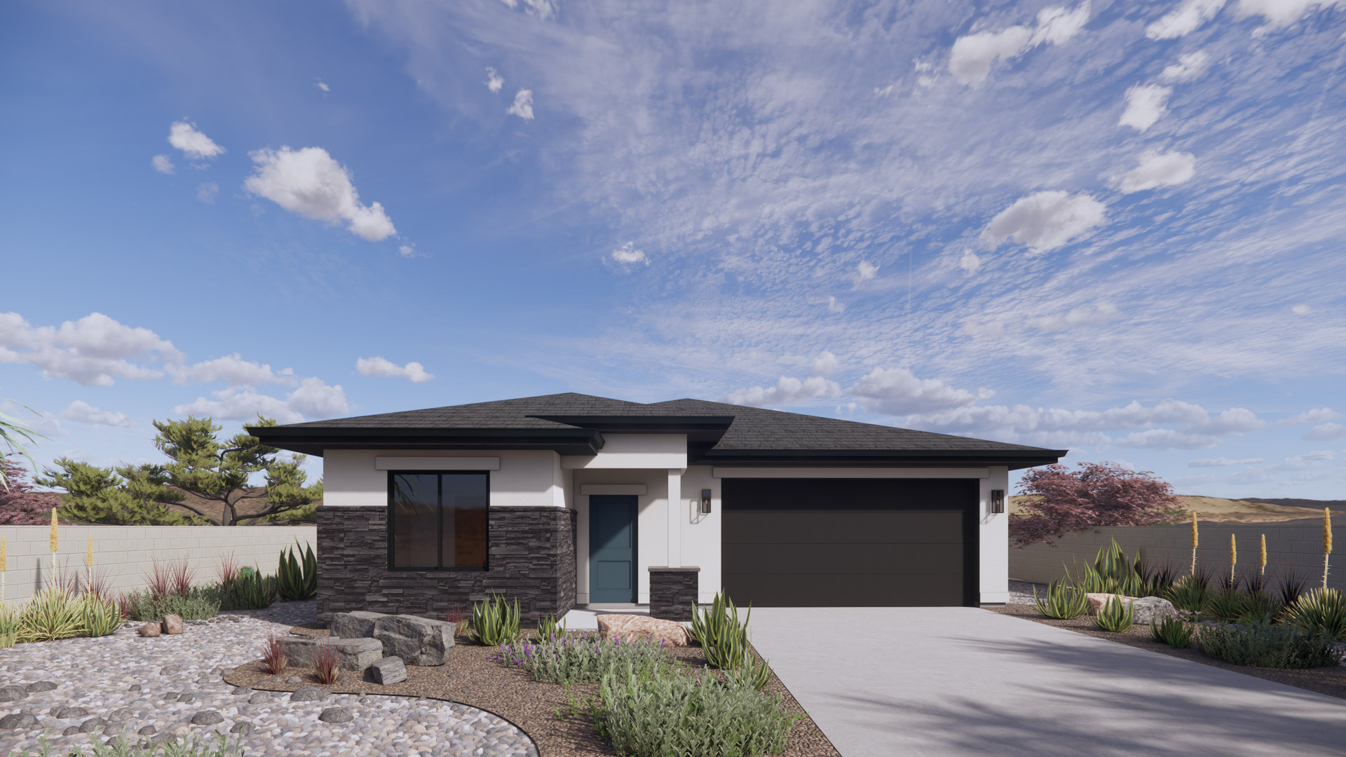 brand new single story home in St George with a desert style exterior and two car garage