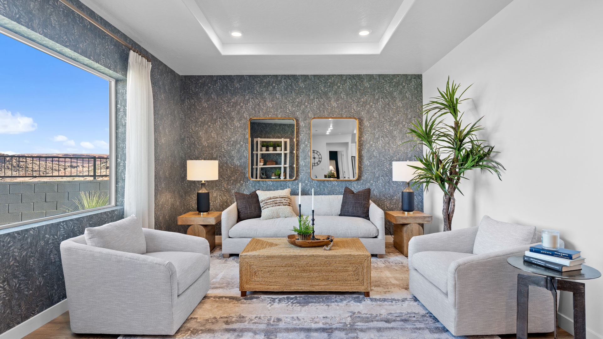 Spacious living room with large window.