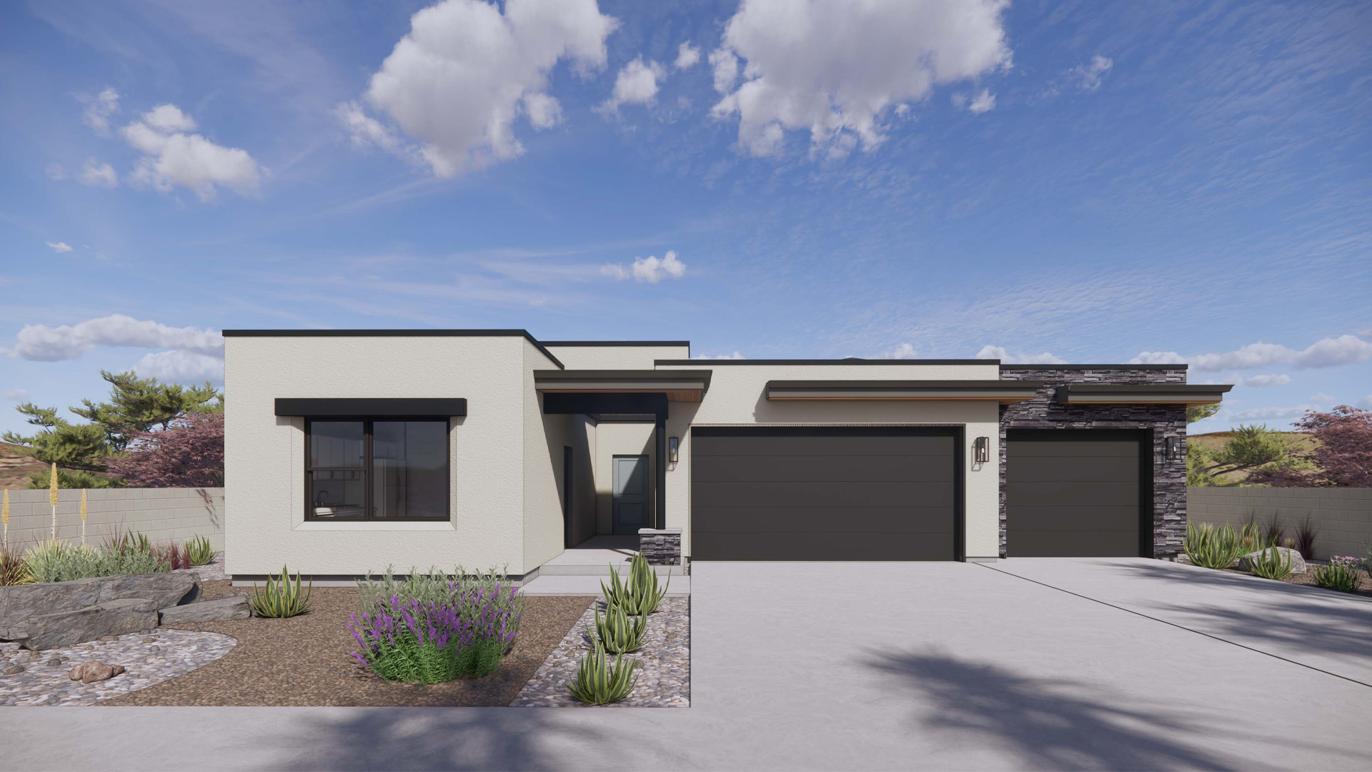 Single-story new homes for sale in St. George Utah with a three-car garage.