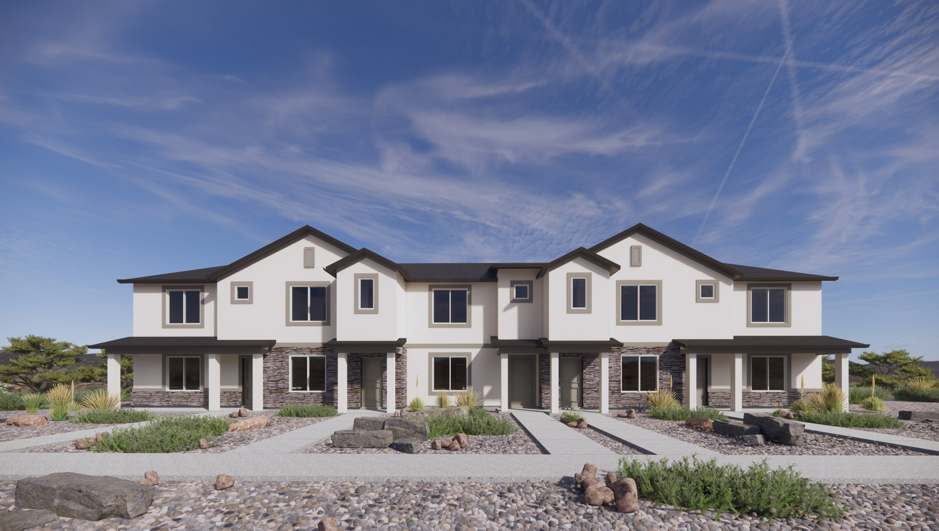 new townhomes in Washington with a desert traditional exterior with white stucco and dark brown trim