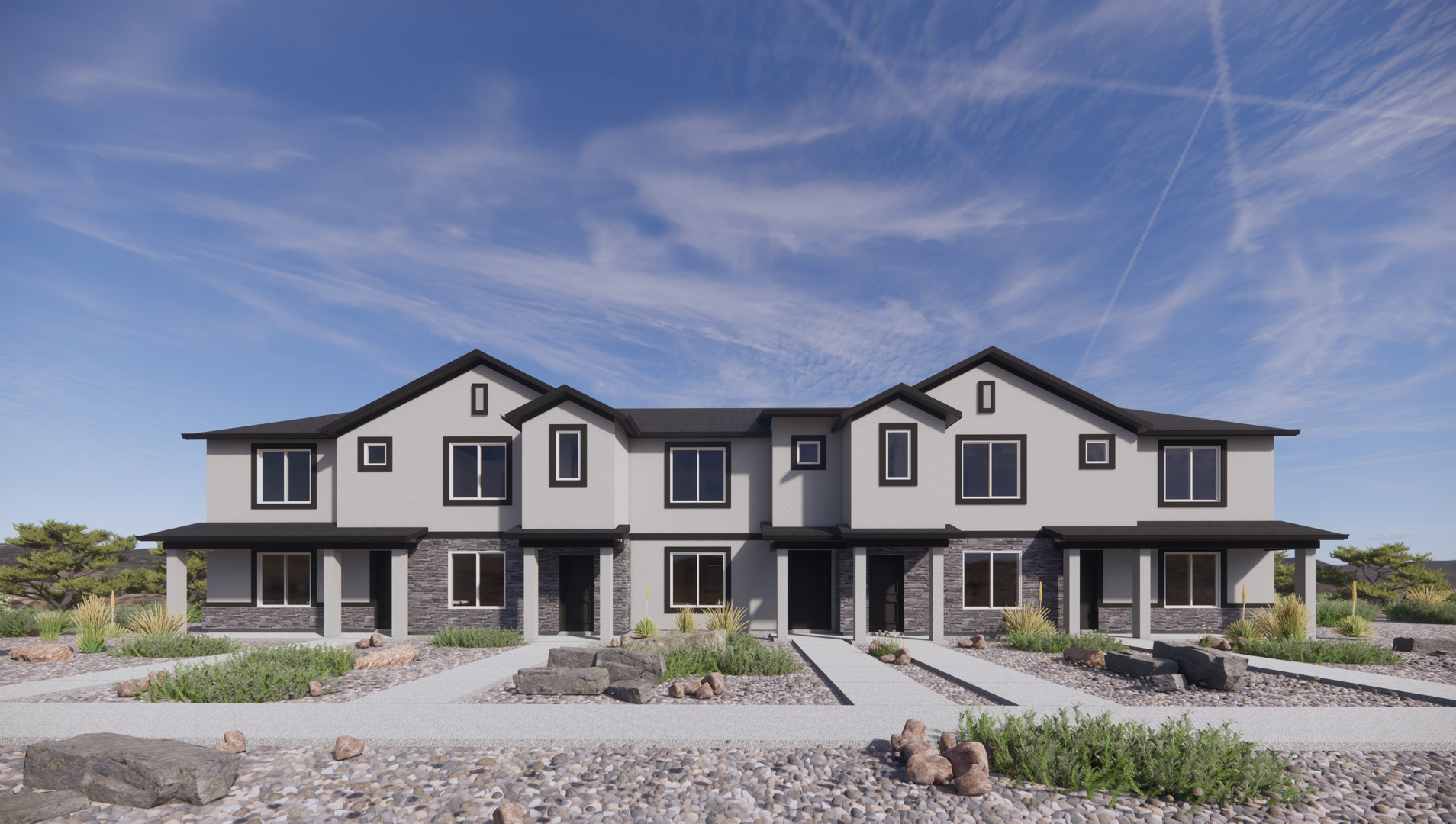 new townhomes in Washington with a desert traditional exterior with white stucco and dark brown trim
