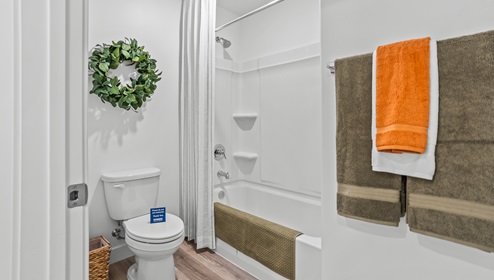 A full size bathroom with a toilet and tub shower combination.
