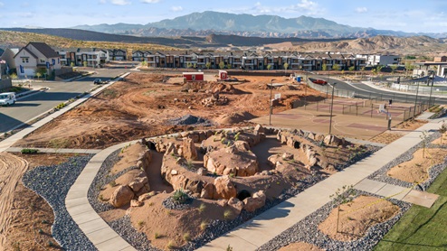 Aerial view of the Long Valley community pump track, basketball courts and new available homes.
