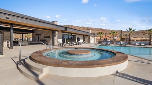 A closer look at the stylish round and spacious hot tub at the Long Valley master planned community in Washington Utah.