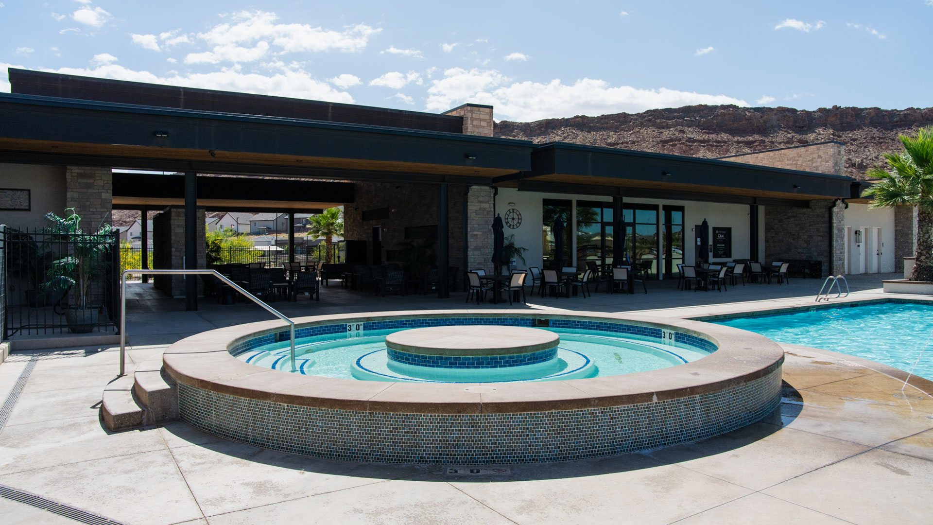 A closer look at the stylish round and spacious hot tub at the Long Valley master planned community in Washington Utah.
