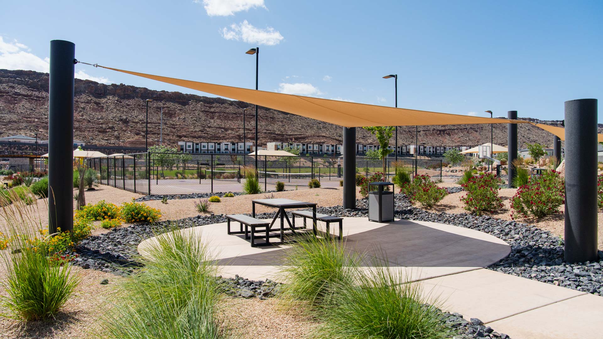 Shaded seating area.