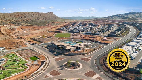 Beautiful Aerial of the 2024 Best of Southern Utah winner Long Valley master planned community depicting the 18 hole putting course, community clubhouse, pool and available home lots.