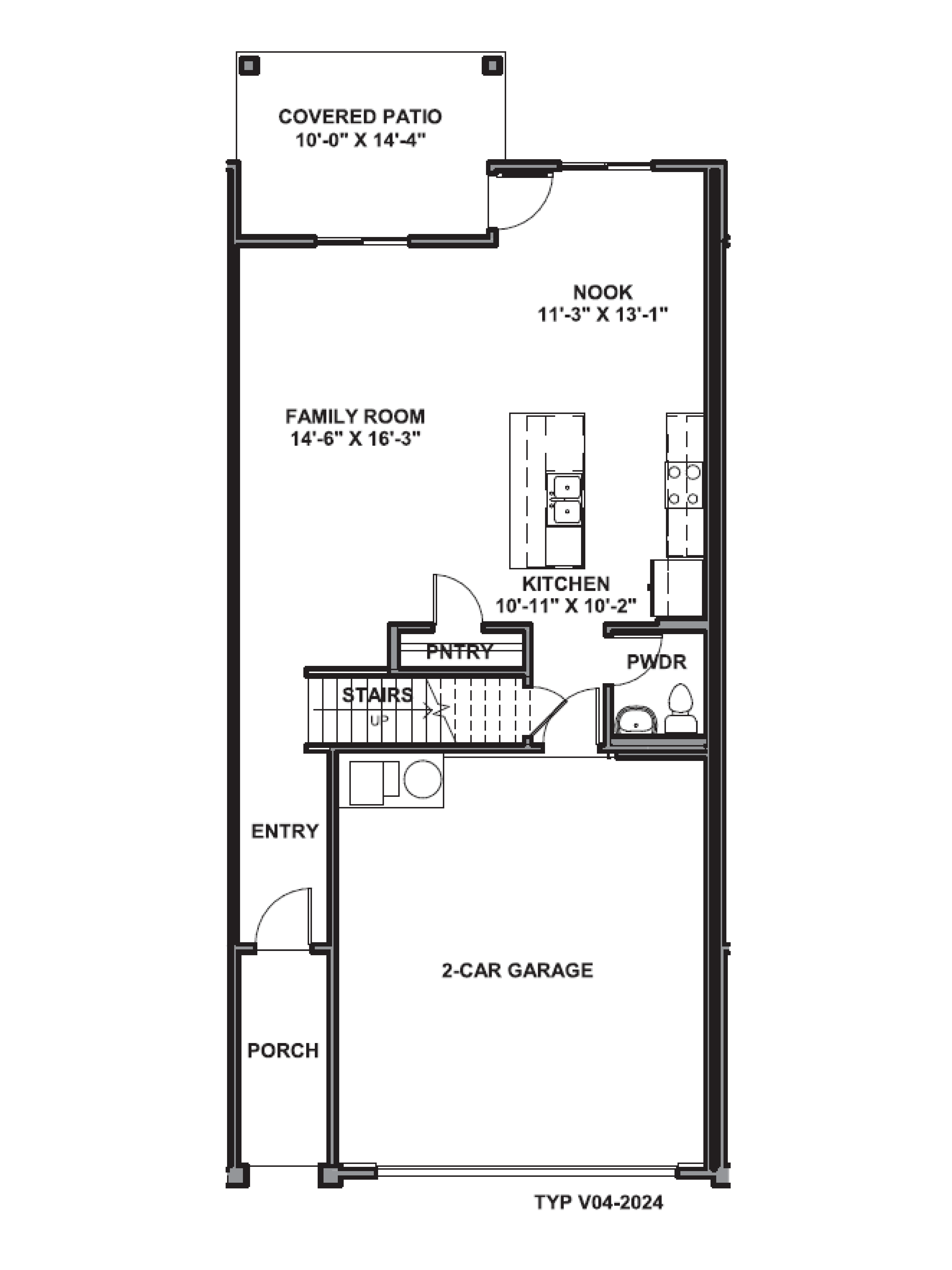 A beautiful townhome first floor, featuring a kitchen, spacious family room with windows, a covered patio and a half bath