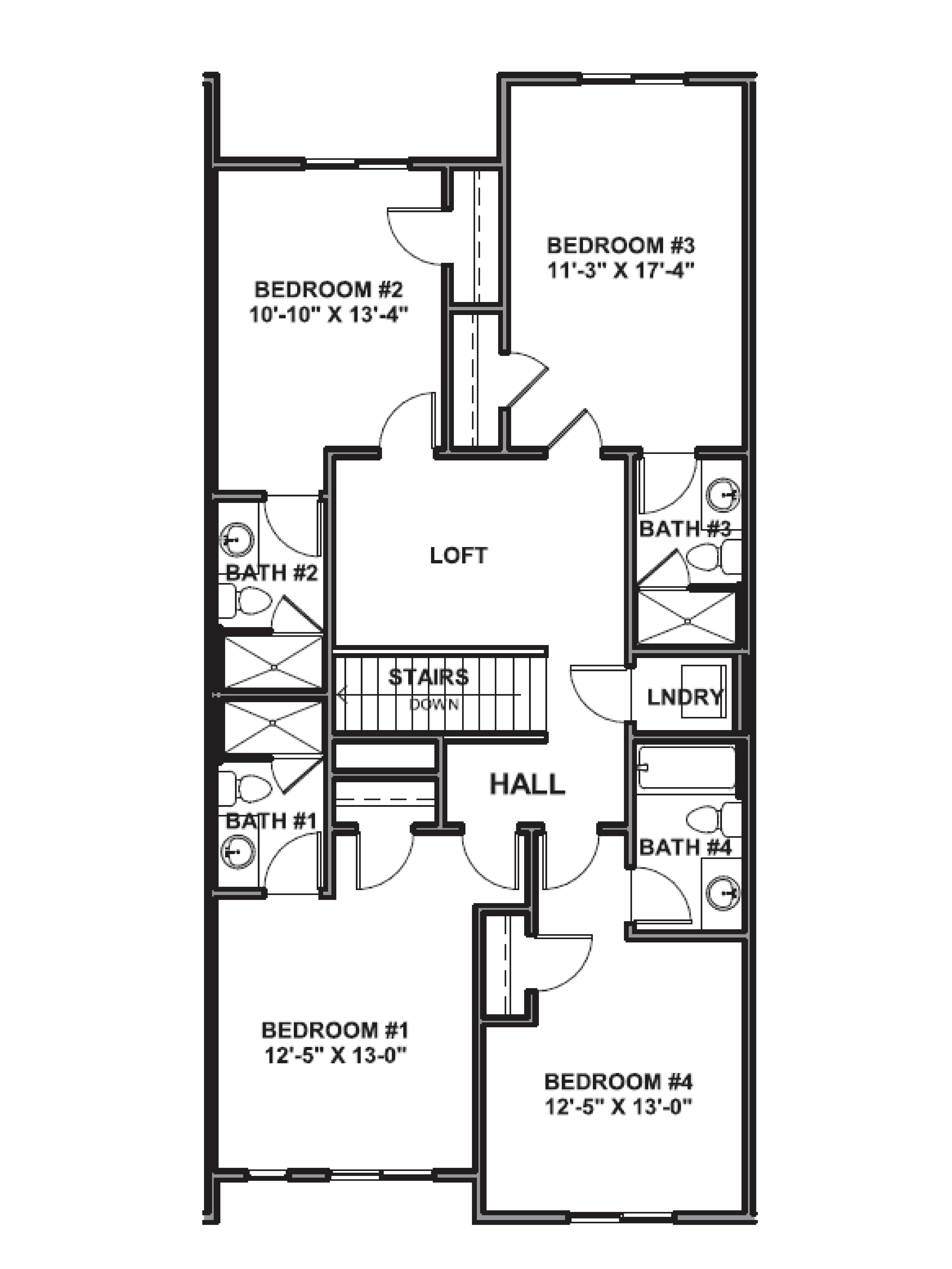 The basement level of this plan features 4 bedrooms and 4 bathrooms with a loft in the middle.