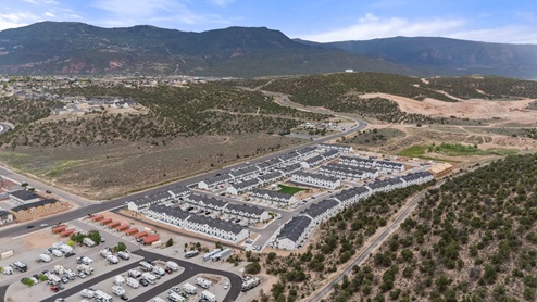 Aerial photo of the Old Sorrel new townhome community by D.R. Horton in Cedar City Utah.
