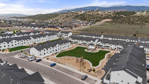 Aerial photo of the Old Sorrel new townhome community by D.R. Horton in Cedar City Utah.