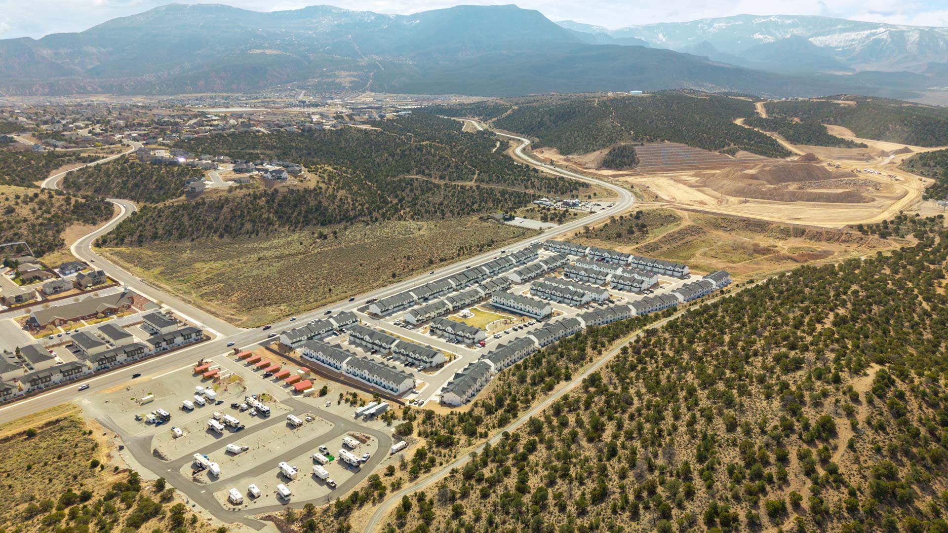 Aerial photo of the Old Sorrel new townhome community by D.R. Horton in Cedar City Utah.
