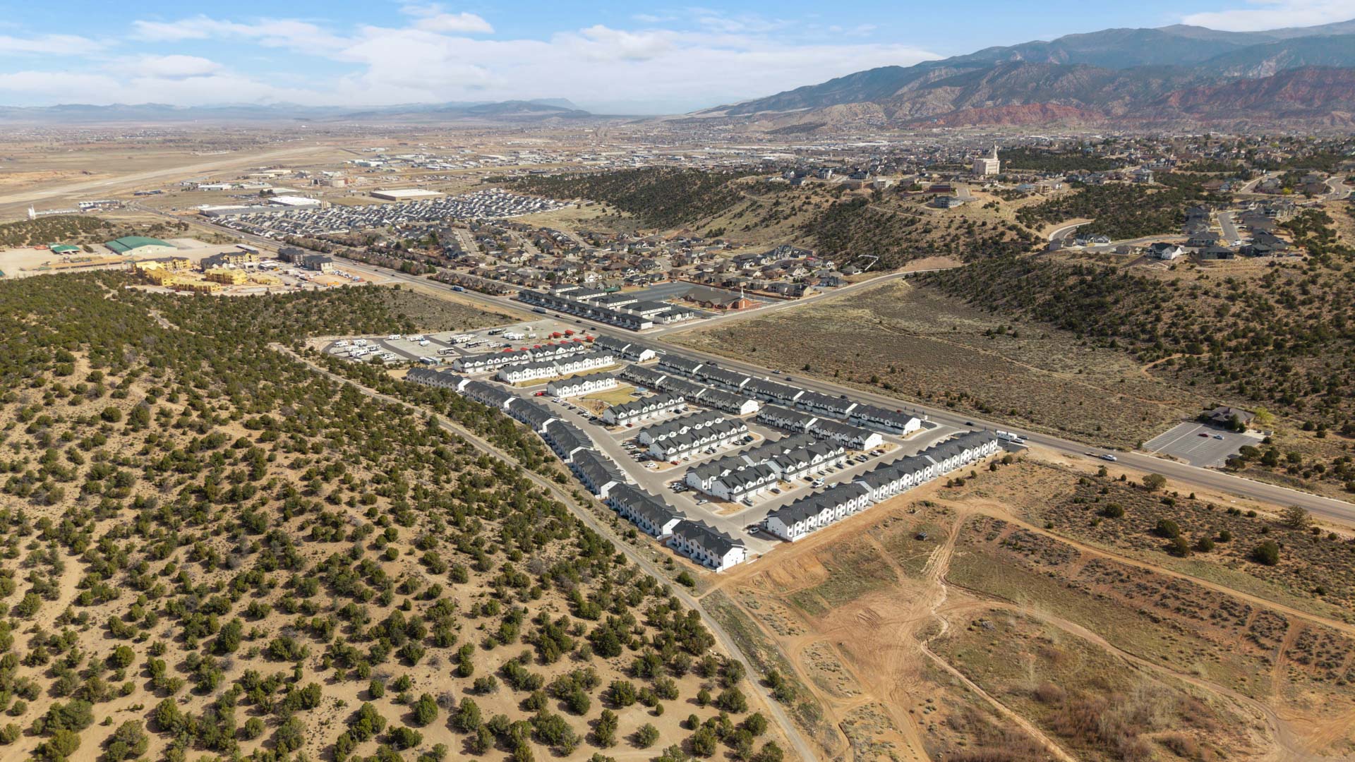 Aerial photo of the Old Sorrel new townhome community by D.R. Horton in Cedar City Utah.