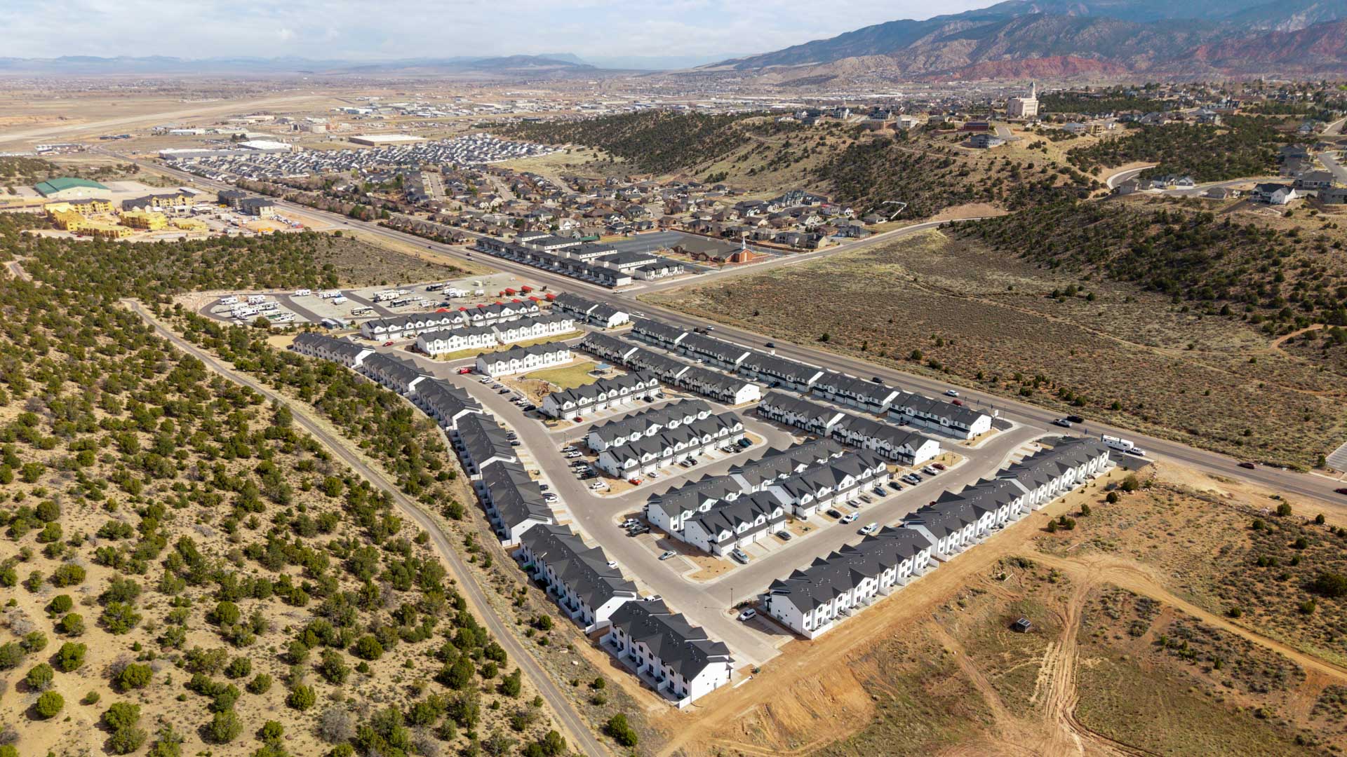 Aerial photo of the Old Sorrel new townhome community by D.R. Horton in Cedar City Utah.