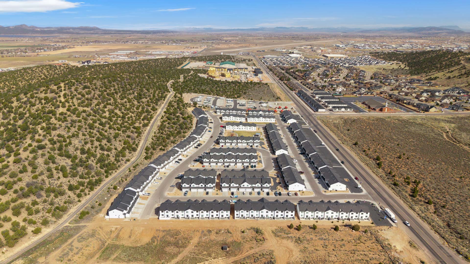 Aerial photo of the Old Sorrel new townhome community by D.R. Horton in Cedar City Utah.