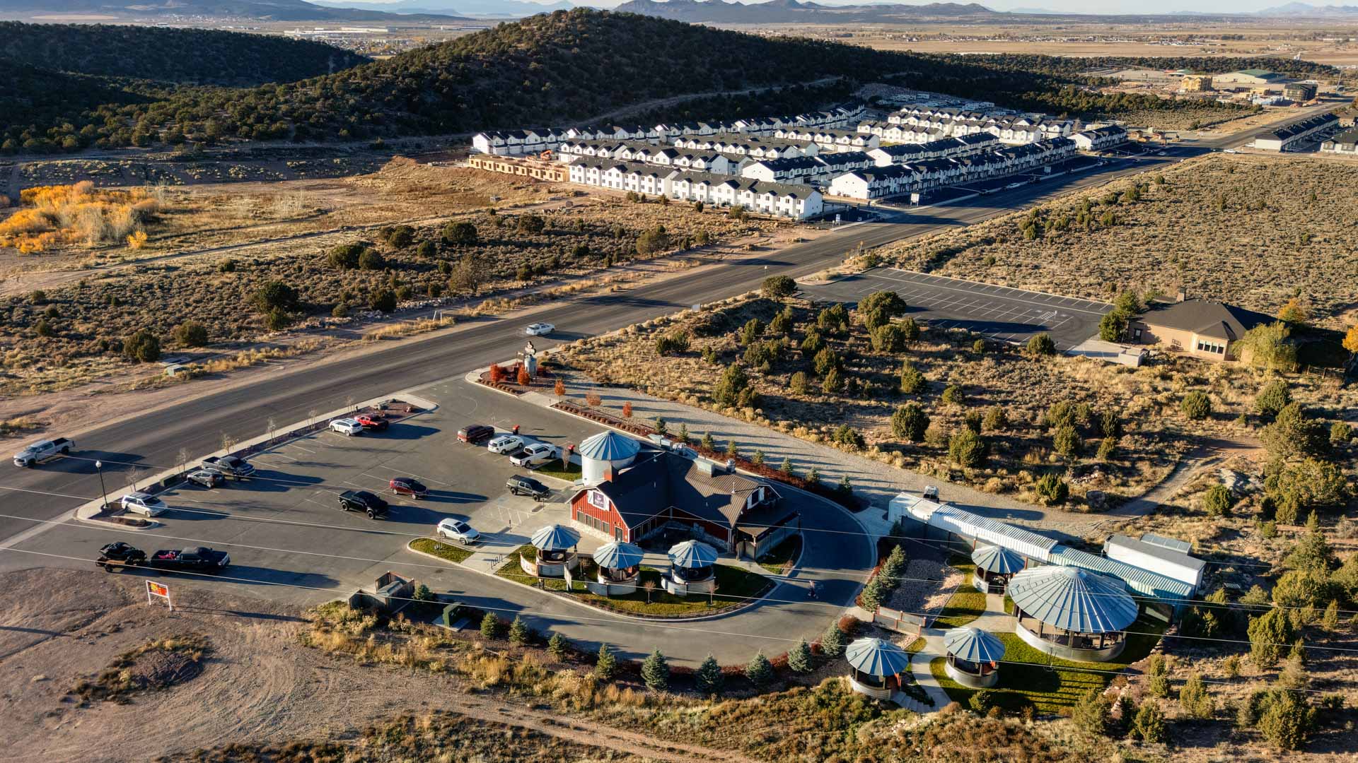 Aerial photo of the Old Sorrel new townhome community by D.R. Horton in Cedar City Utah.