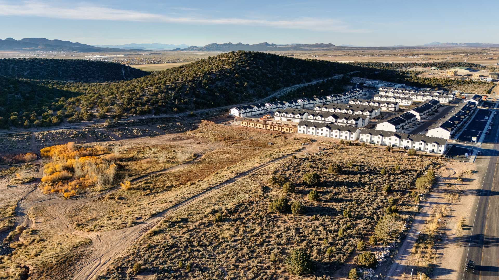 Aerial photo of the Old Sorrel new townhome community by D.R. Horton in Cedar City Utah.
