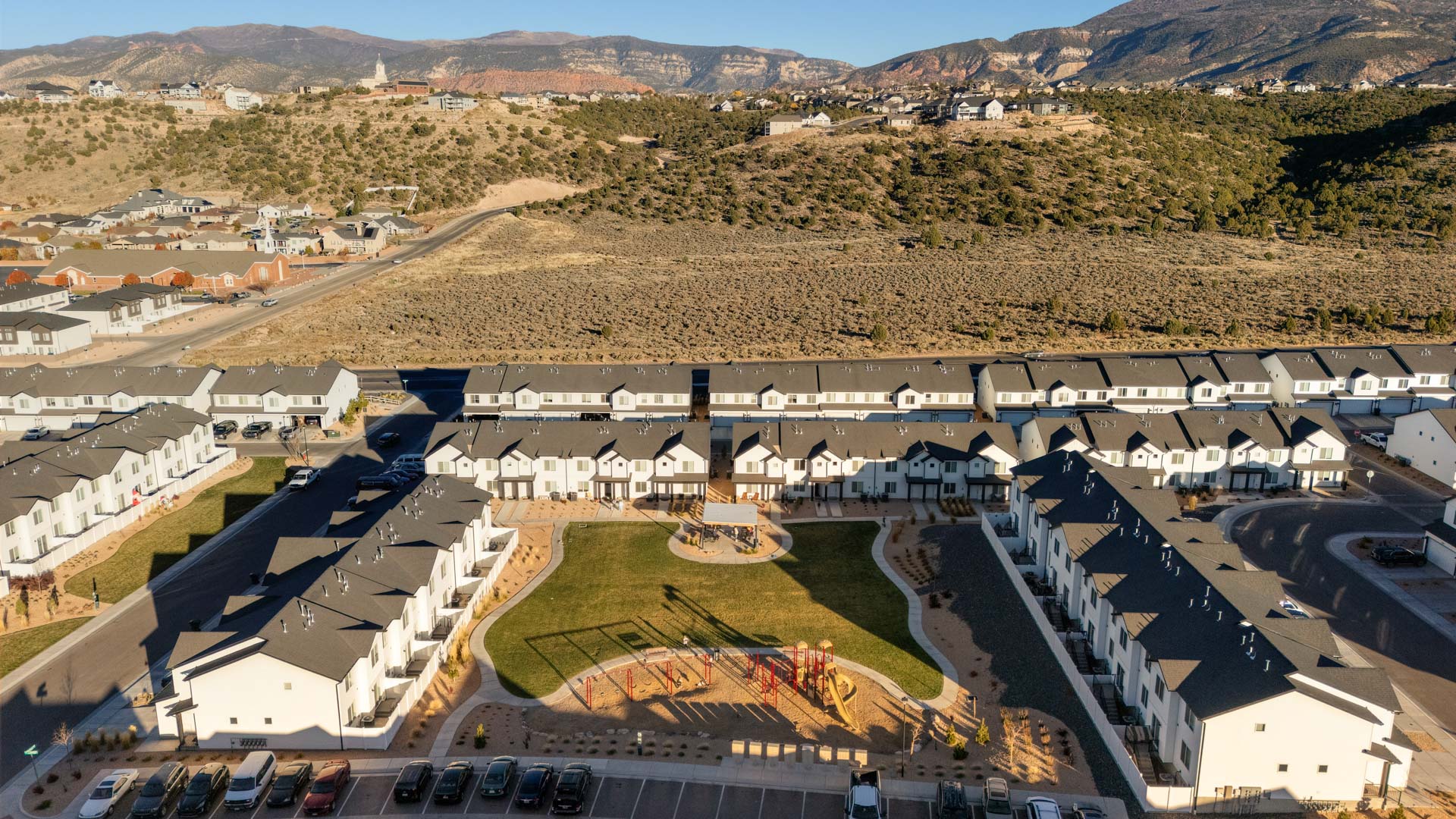 Aerial photo of the Old Sorrel new townhome community by D.R. Horton in Cedar City Utah.