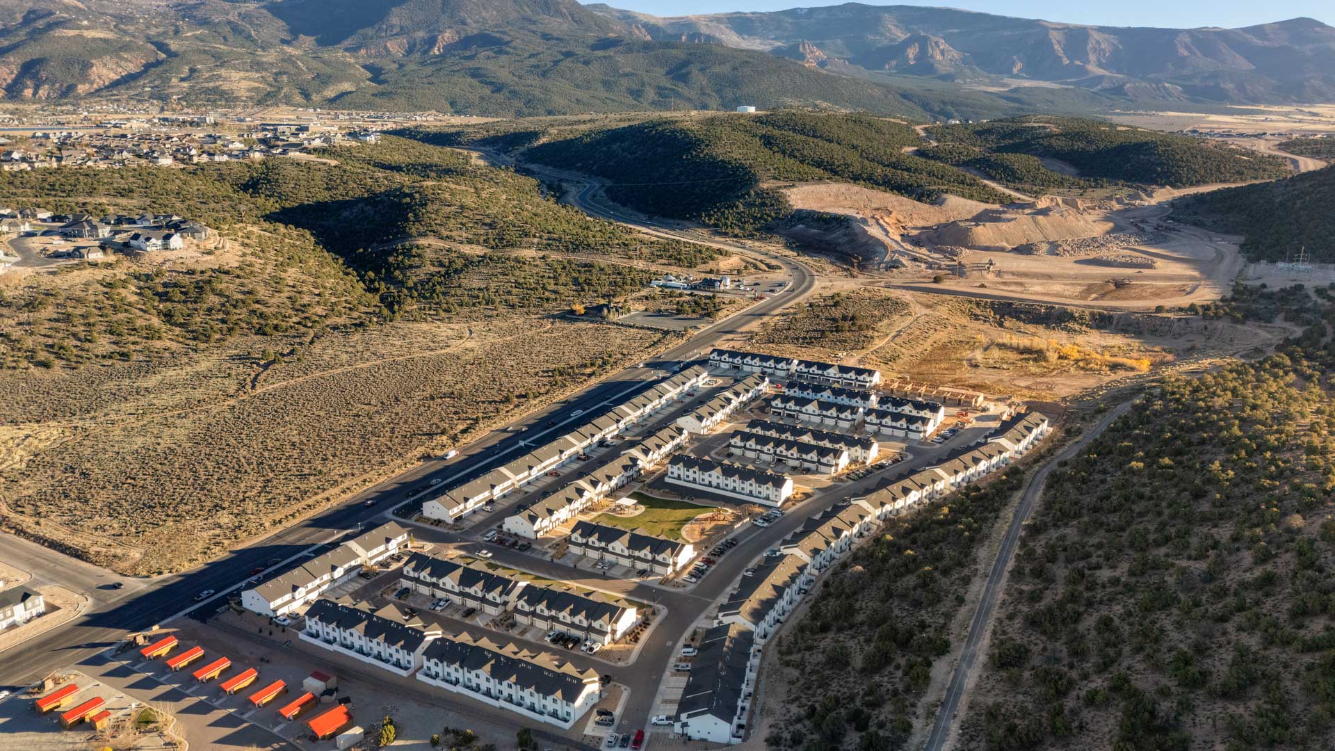Aerial photo of the Old Sorrel new townhome community by D.R. Horton in Cedar City Utah.