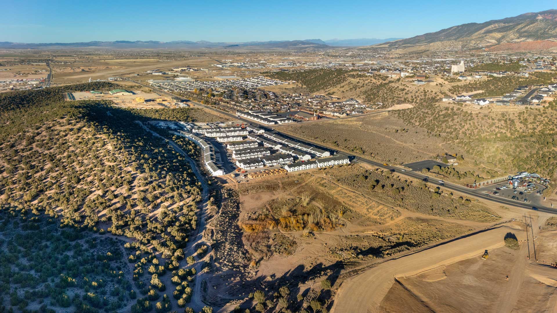 Aerial photo of the Old Sorrel new townhome community by D.R. Horton in Cedar City Utah.