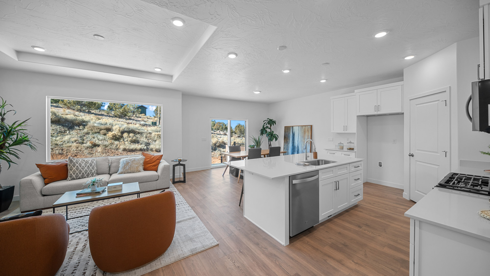 Main living space with kitchen, dining, and family room.