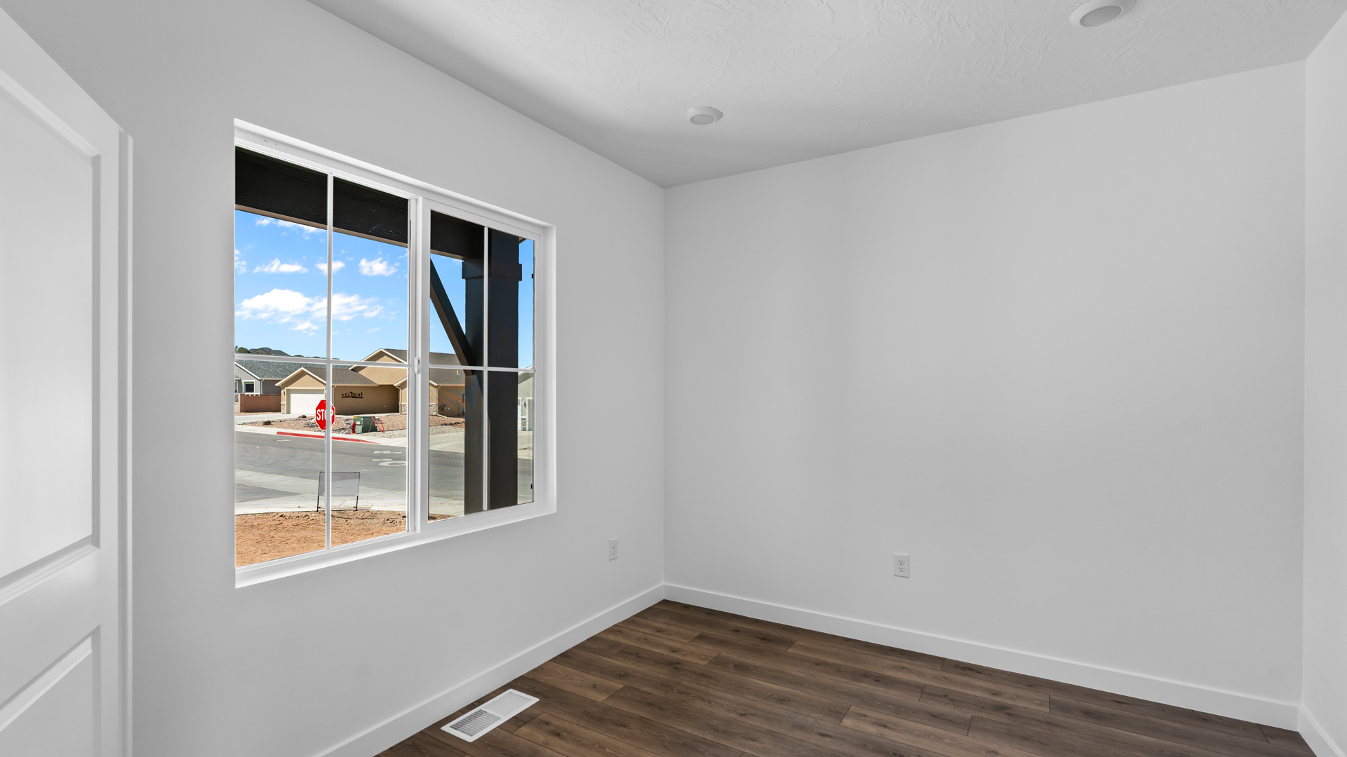 Office space with large window.