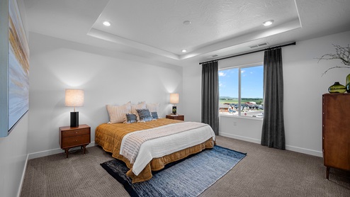 Primary bedroom with tray ceiling and large window.