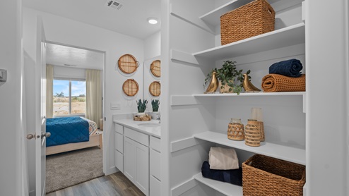 Primary bathroom featuring spacious vanity, walk-in closet, and shower.
