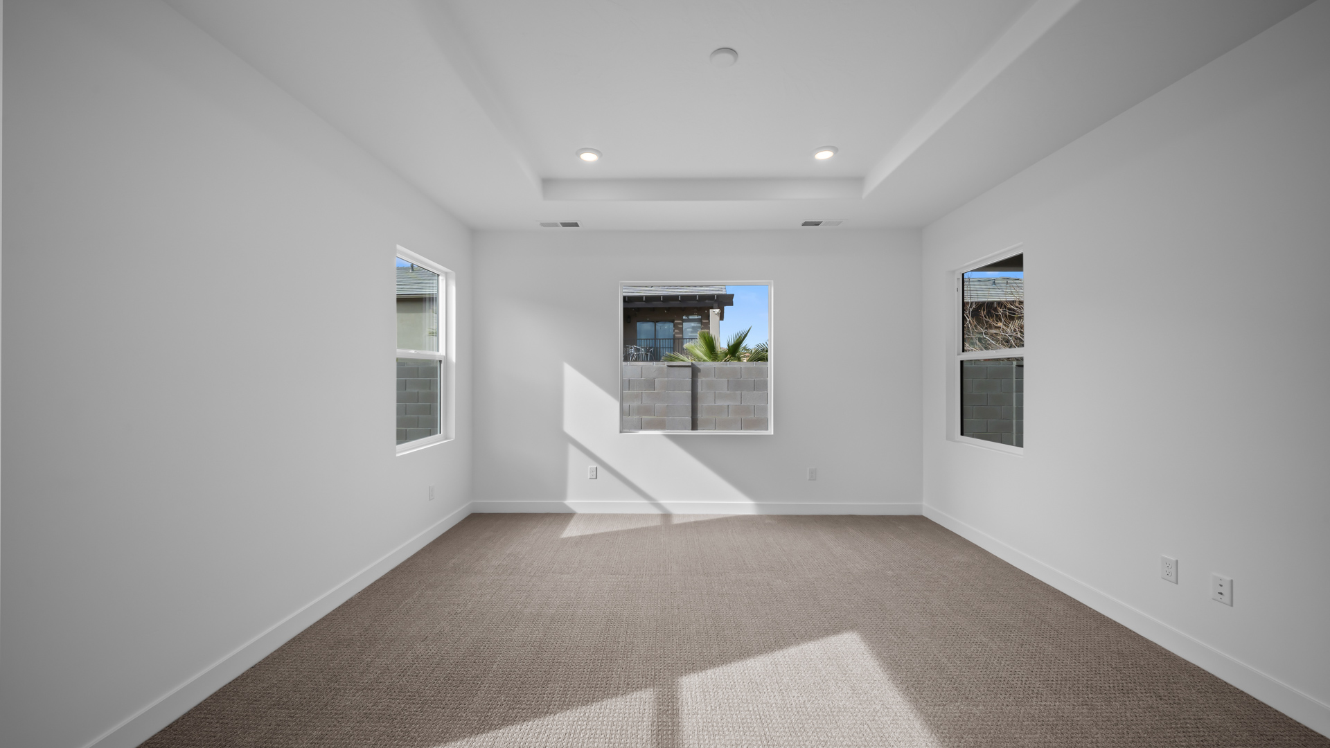 Primary bedroom with tray ceiling and windows.