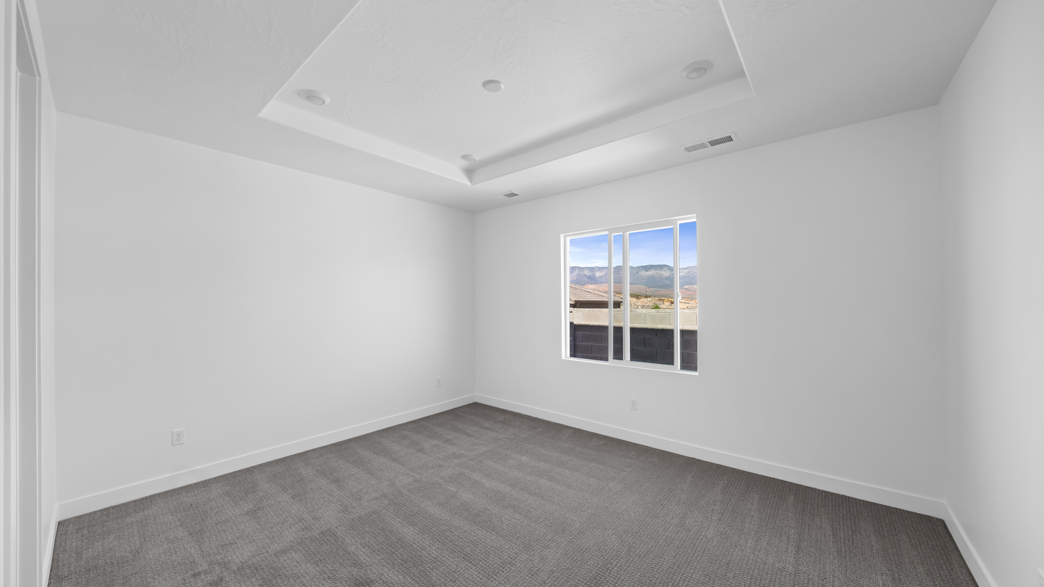 Primary bedroom with tray ceiling.