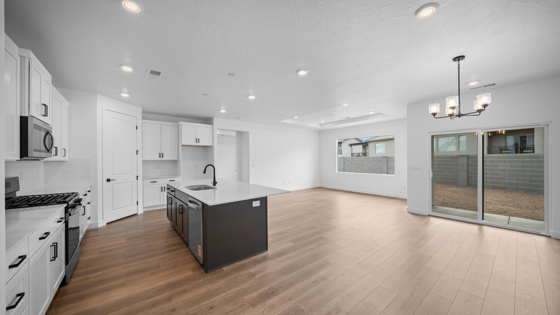 Main living space with kitchen, dining, and family room.